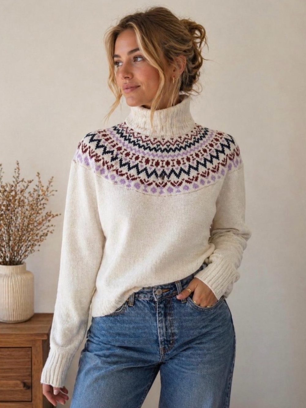 L.L. Bean Cream Fair Isle Turtleneck Sweater with Purple & Navy Accents